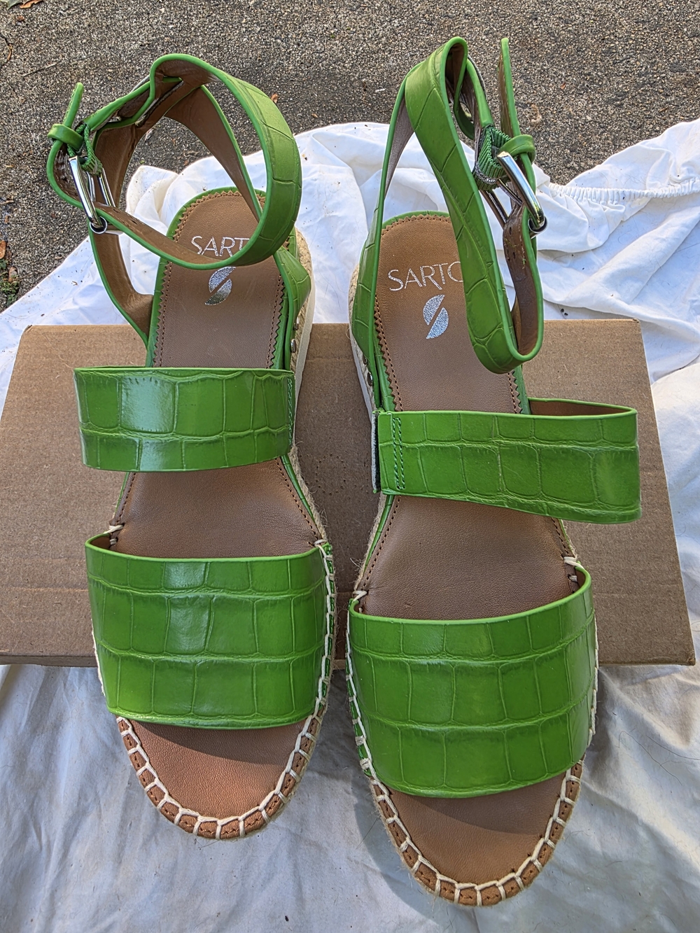 Franco Sarto Green Croc-Embossed Ankle-Strap Sandals